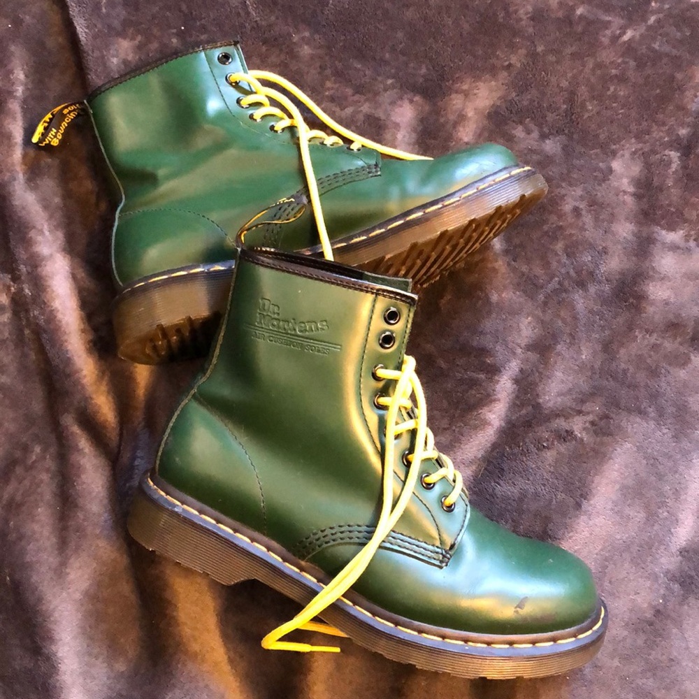 Green Doc Martens with yellow laces